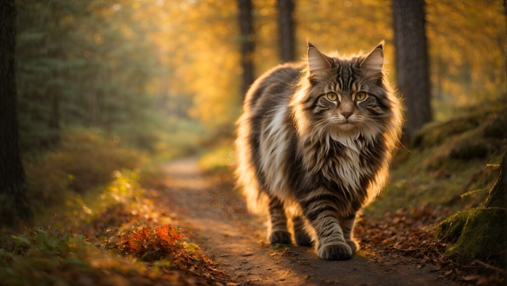 Evolution of cat behavior: A portrayal of the transition from ancient to modern-day feline behavior, showcasing a big cat in the wild, embodying the essence of a forest cat.