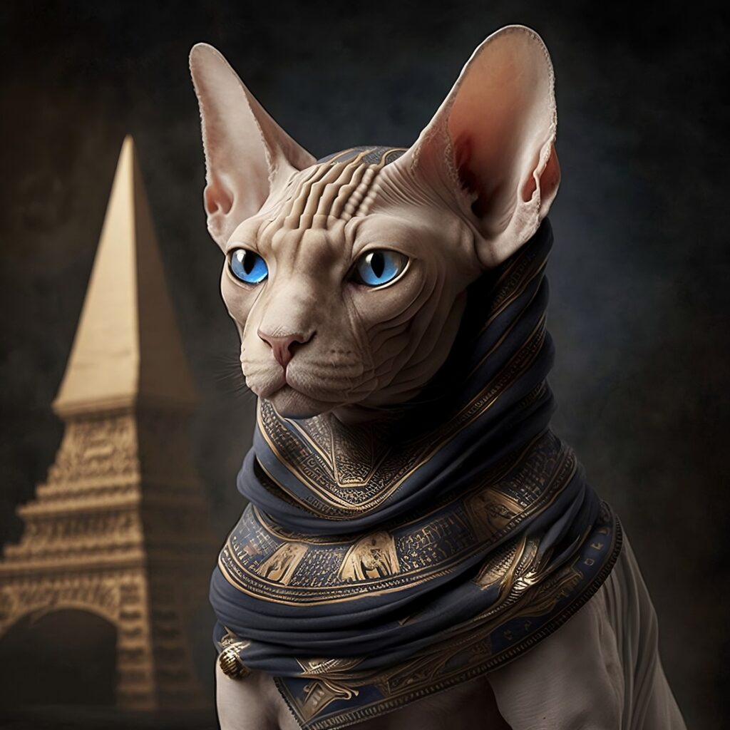 AI-generated depiction of ancient Egyptian cat behavior, capturing the essence of the revered and mystical feline companions from ancient times.