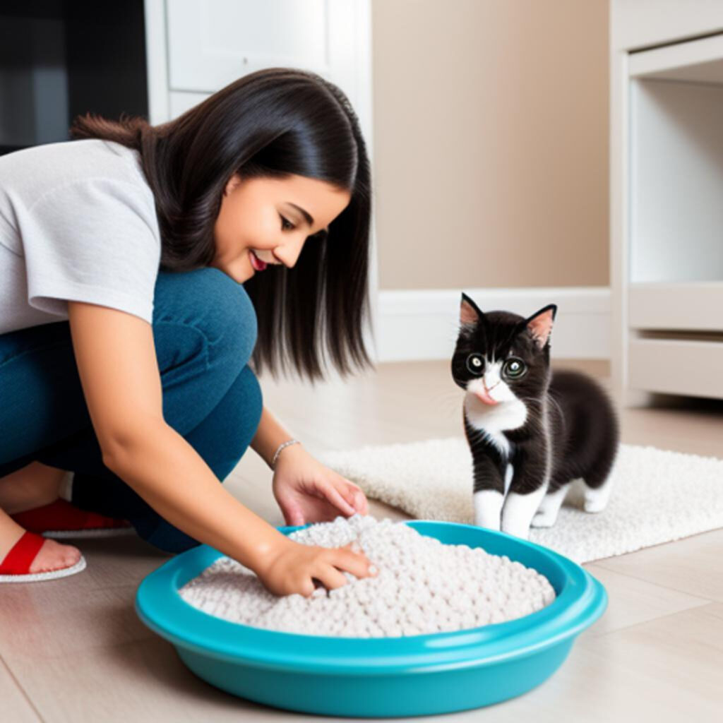 A woman showing her kitten how to use the litter box, a patient and caring demonstration of feline hygiene