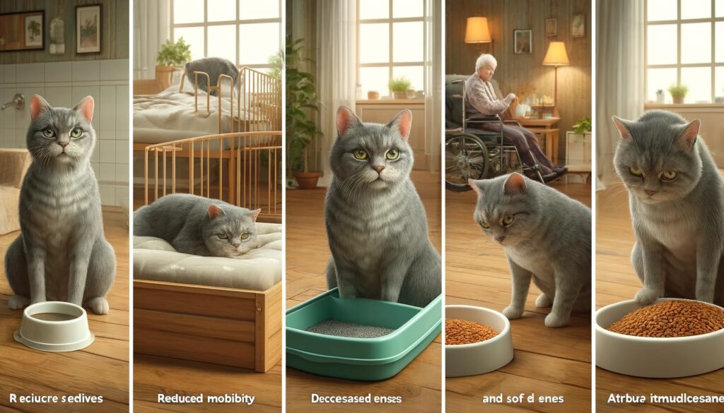 Realistic collage of three scenes: an older gray cat with reduced mobility on a low-rise bed, an elderly cat with cloudy eyes in a familiar home environment, and a senior cat with dental issues eating soft food from a bowl.