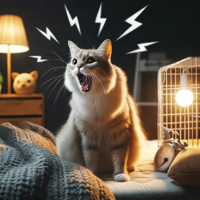 An older cat meowing loudly in the middle of the night, with a nightlight and a cozy sleeping area in the background to help alleviate nighttime distress
