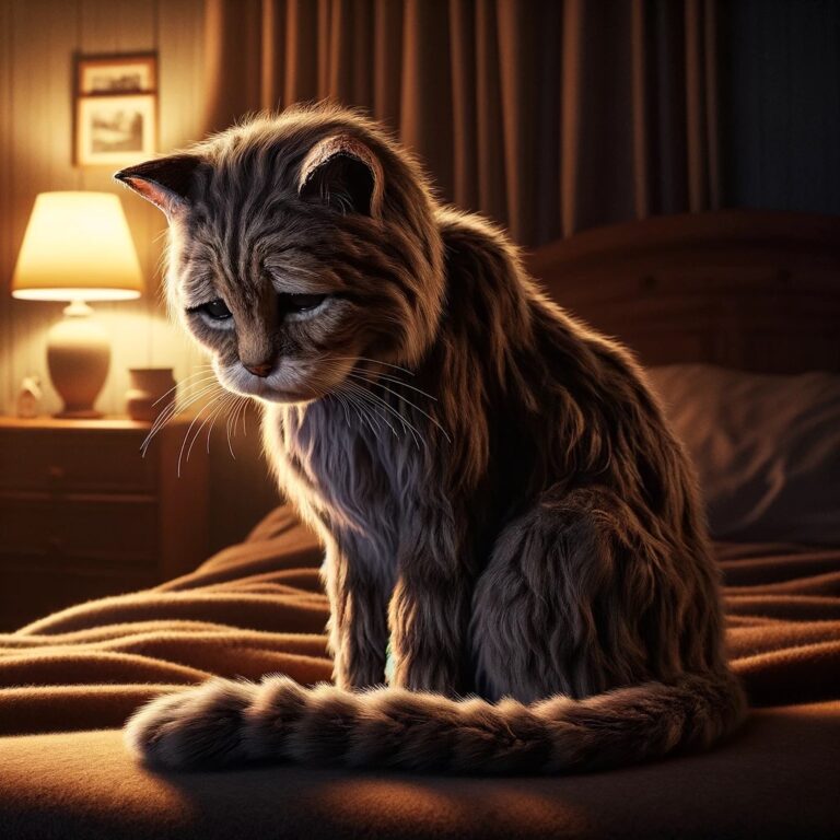 An old, sad tabby cat with graying fur sitting alone on a bed in a dimly lit bedroom at night