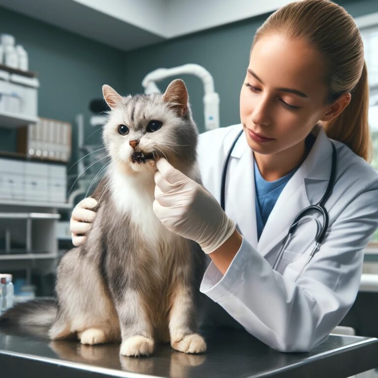 A highly realistic photograph of an old cat at a veterinary clinic. The cat, with graying fur and a frail appearance, sits on an examination table while the vet checks its decayed teeth