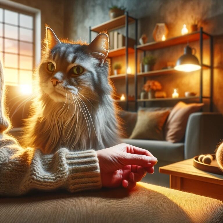 an elderly cat with graying fur being gently petted by its owner in a cozy home environment with warm lighting and soft furniture.